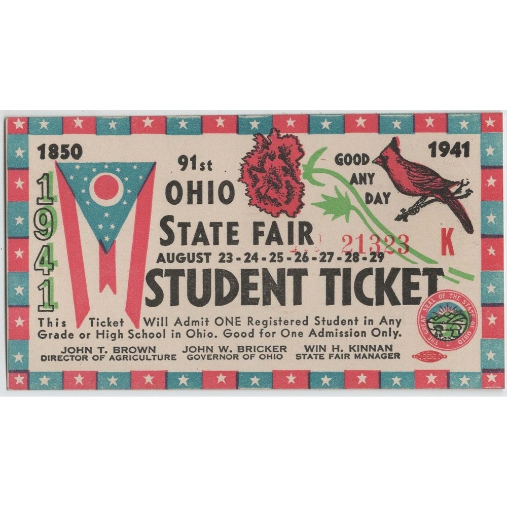 Vintage 1941 Ohio State Fair Student Ticket Original Ephemera Cardinal Flag - Picture 1 of 2